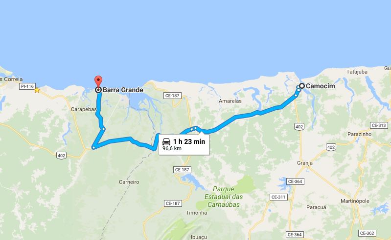distância de Camocim a Barra Grande Piauí